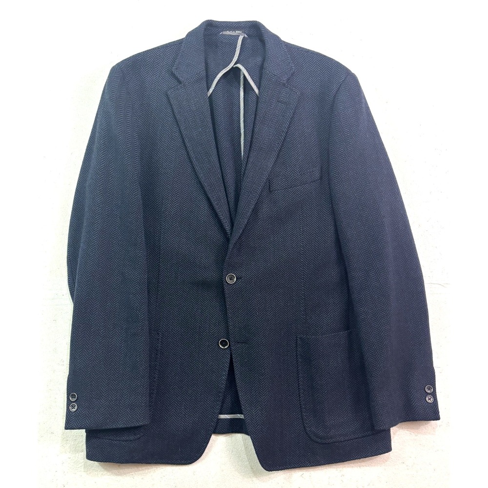 IBIZA 44L Navy Blue Herringbone Tweed Blazer Jacket Sport‎ Suit Coat Wool Soft